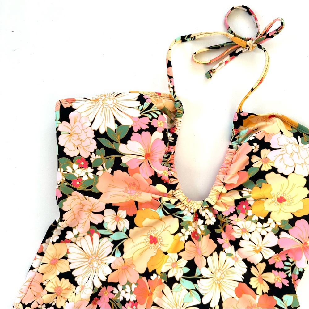 Shade & Shore Multi Yellow Floral Halter Keyhole Bandeau One Piece Swimsuit - Picture 3 of 9